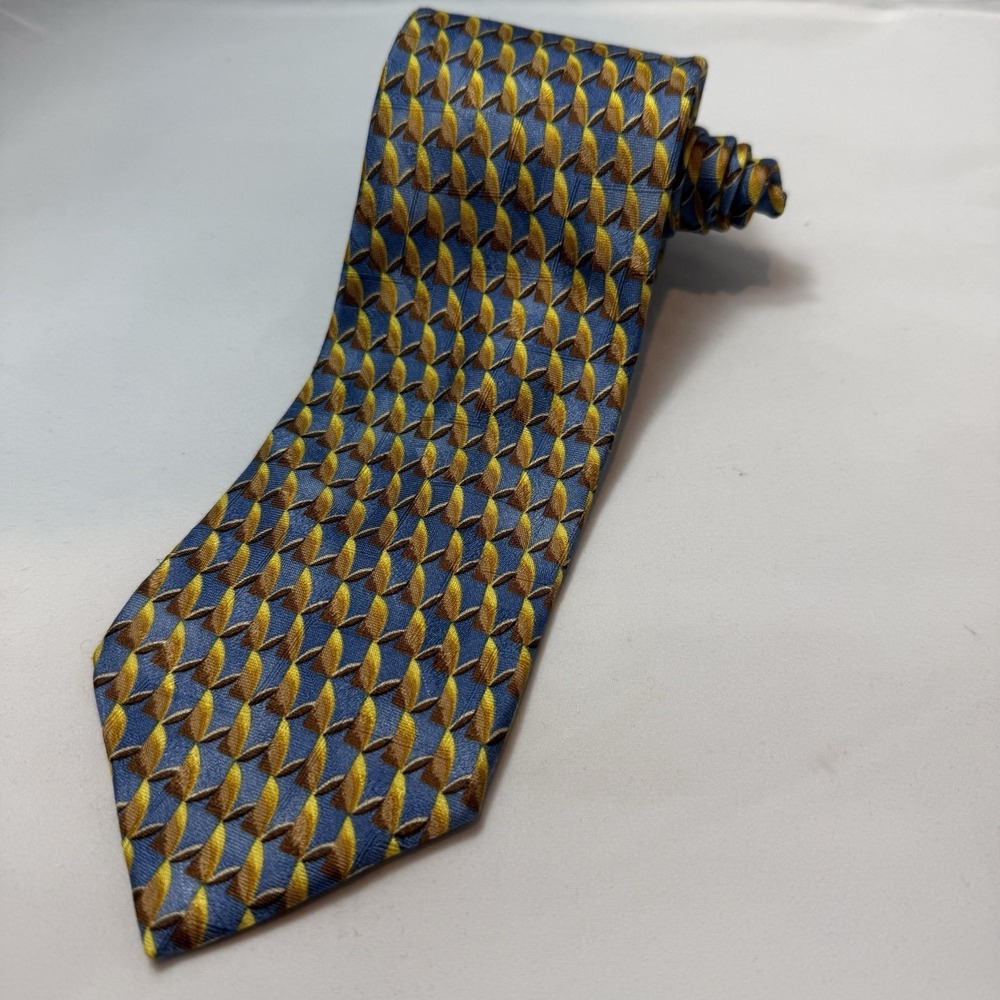 Vintage Ermenegildo Zegna Silk Tie Blue Gold Brown Geometric Diamond Italy